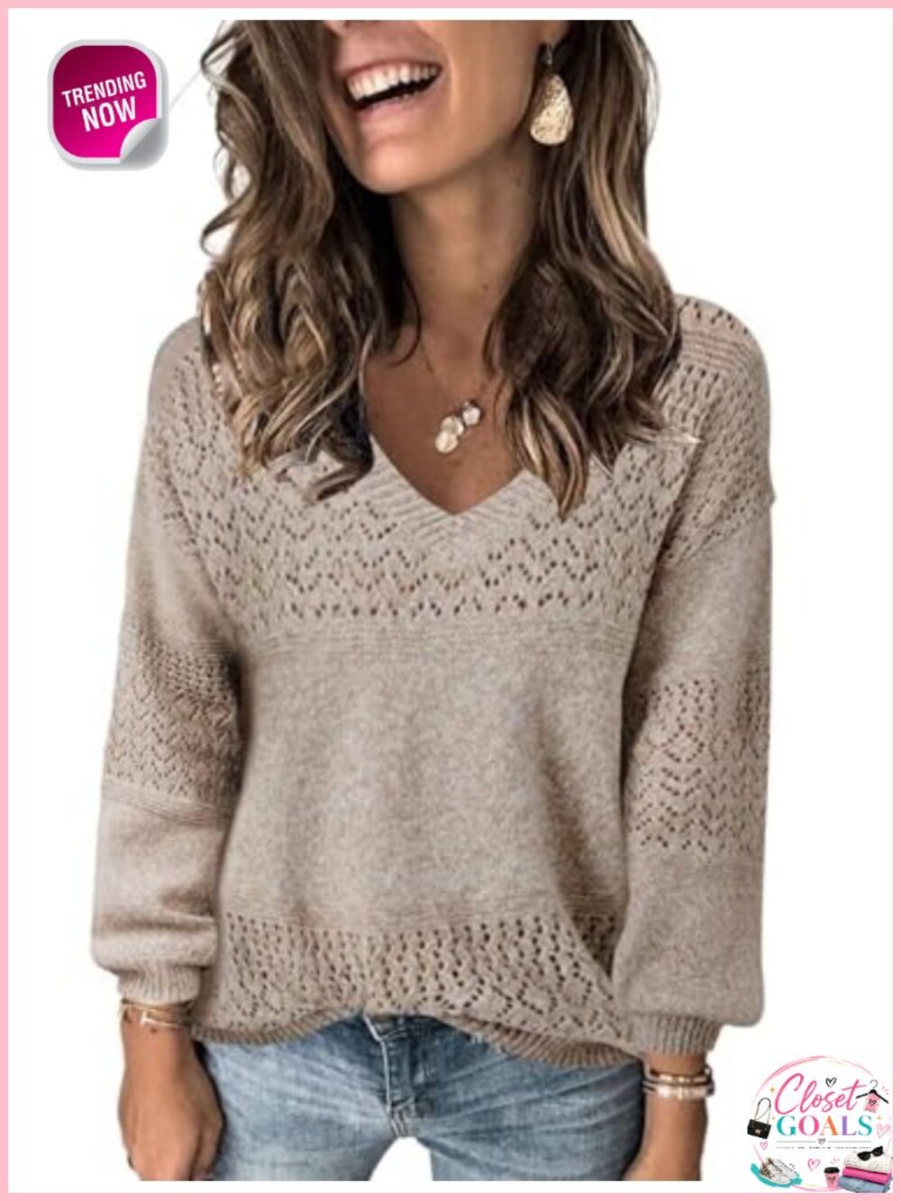 V Neck Long Sleeve Hollow Knit Pullover Sweater